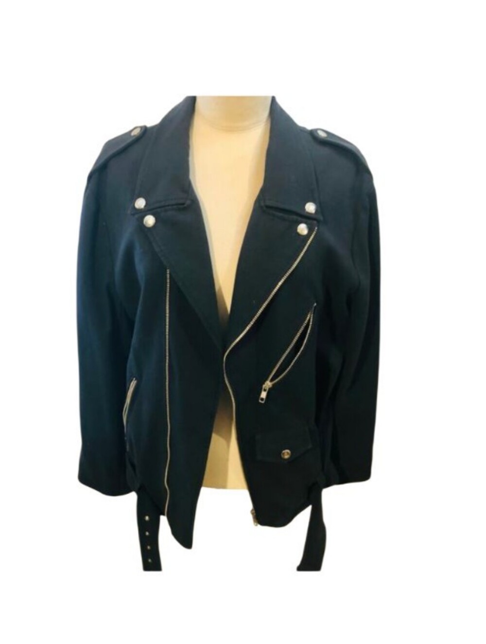 Scanlan Theodore Black Cotton Twill Asymmetric Biker Jacket Size S